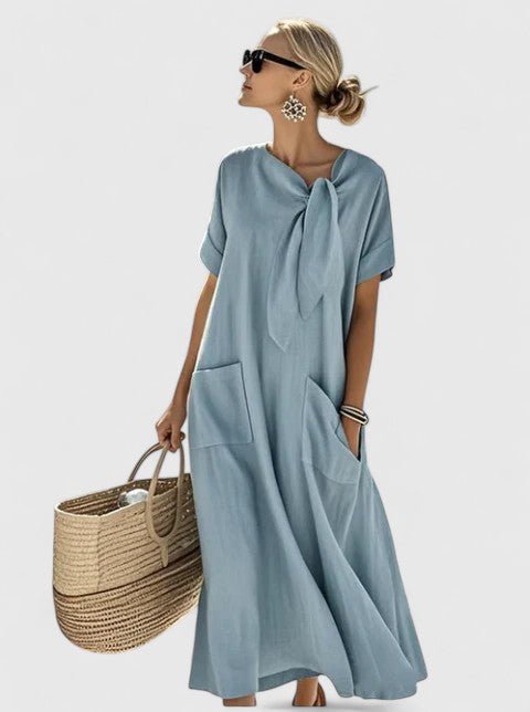 Robe longue à manches courtes avec nœud et poches pour femmes - Emilia Lane