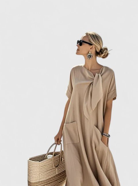 Robe longue à manches courtes avec nœud et poches pour femmes - Emilia Lane
