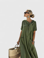 Robe longue à manches courtes avec nœud et poches pour femmes - Emilia Lane