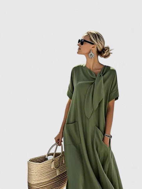 Robe longue à manches courtes avec nœud et poches pour femmes - Emilia Lane
