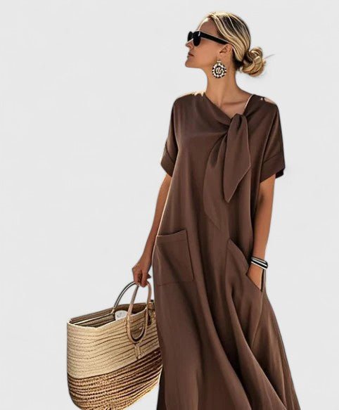Robe longue à manches courtes avec nœud et poches pour femmes - Emilia Lane