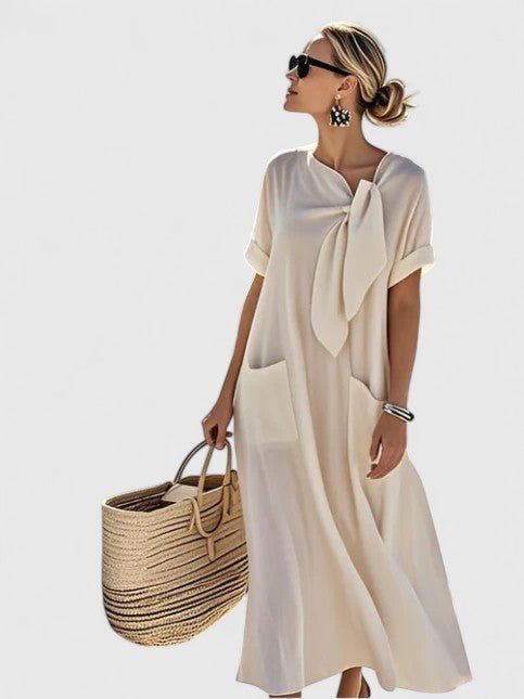 Robe longue à manches courtes avec nœud et poches pour femmes - Emilia Lane