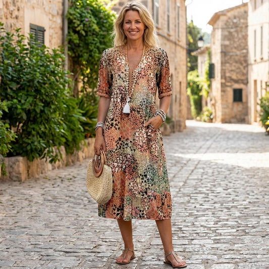 Robe Longue à Manches Courtes et Encolure en V pour Femme | Idéale pour l'Été - Emilia Lane