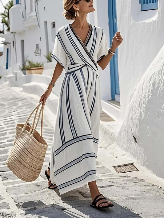 Robe Longue avec Encolure en V et Manches Courtes pour Femmes - Emilia Lane