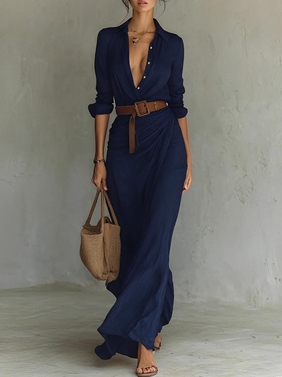 Robe Longue Ceinturée en Coton pour Femmes