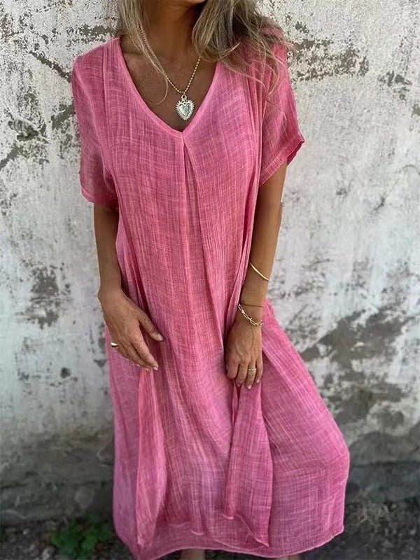 Robe longue en coton et lin à col en V pour femmes - Emilia Lane