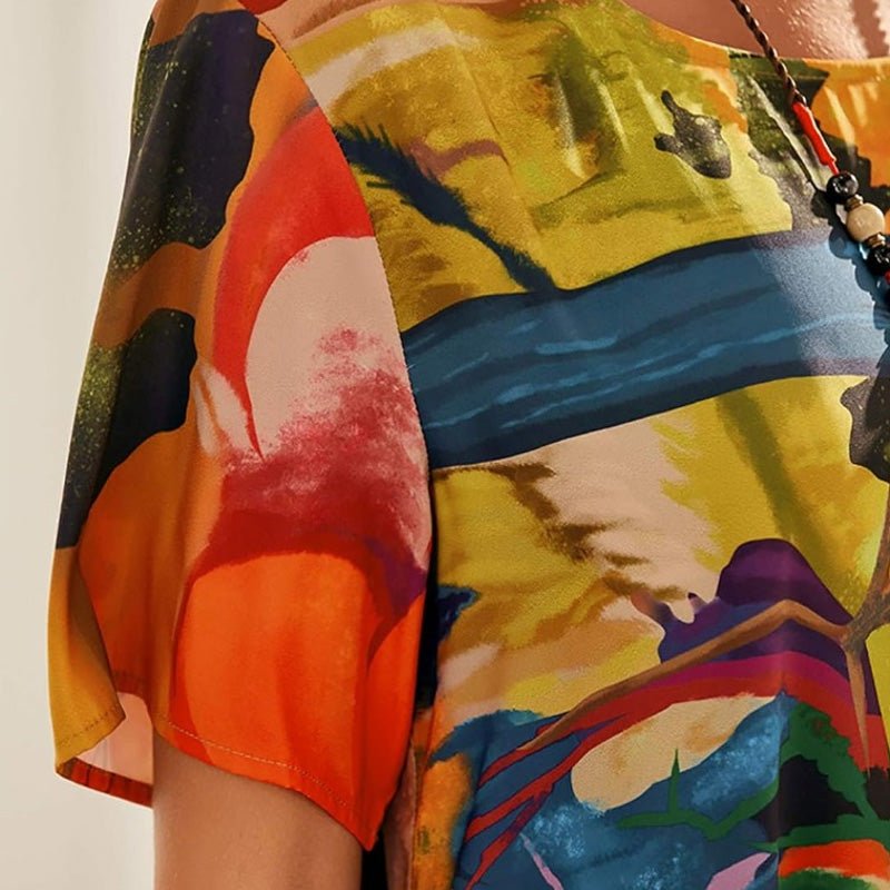 Robe Longue Imprimé Tropicaux Manches Courtes pour Femme - Emilia Lane