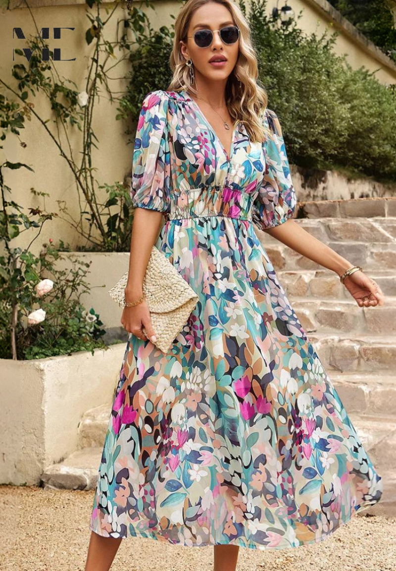 Robe longue imprimée à col en V pour femmes - Emilia Lane