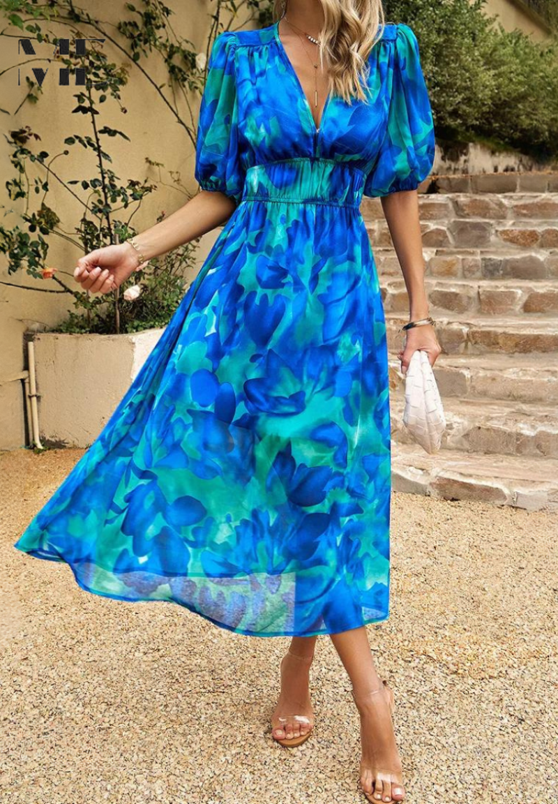 Robe longue imprimée à col en V pour femmes - Emilia Lane