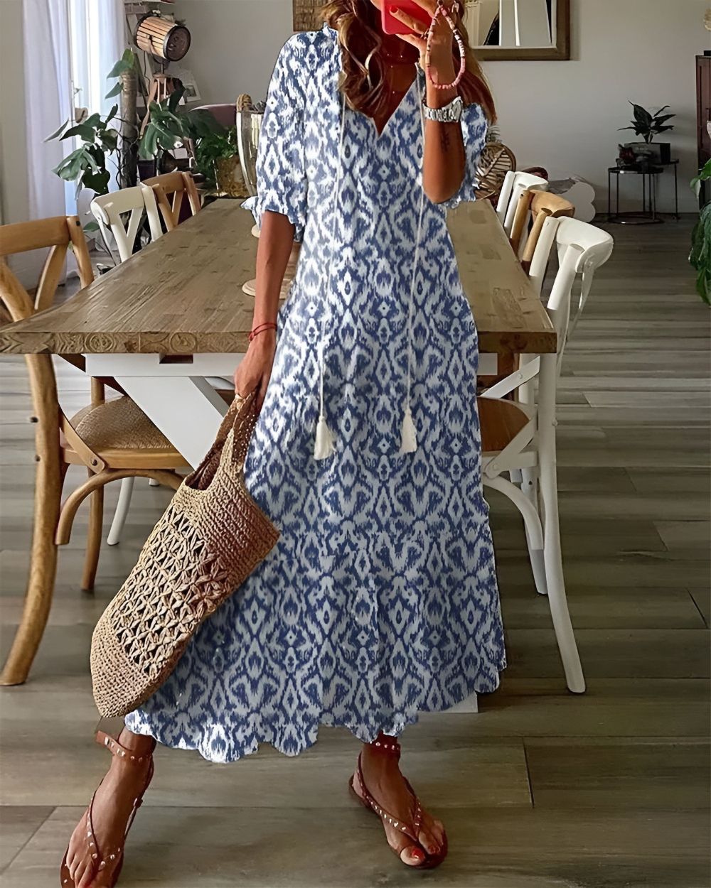 Robe longue imprimée à col en V pour femmes - Emilia Lane