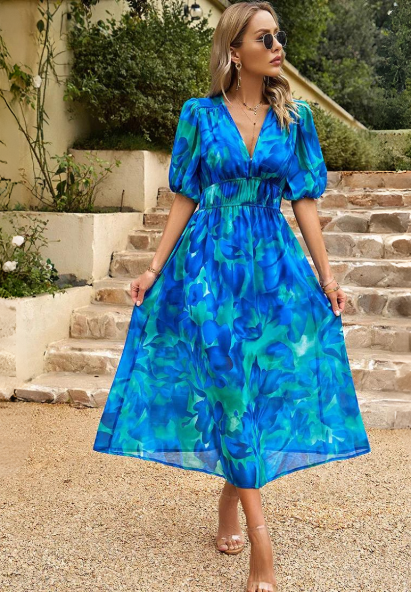 Robe longue imprimée à col en V pour femmes - Emilia Lane