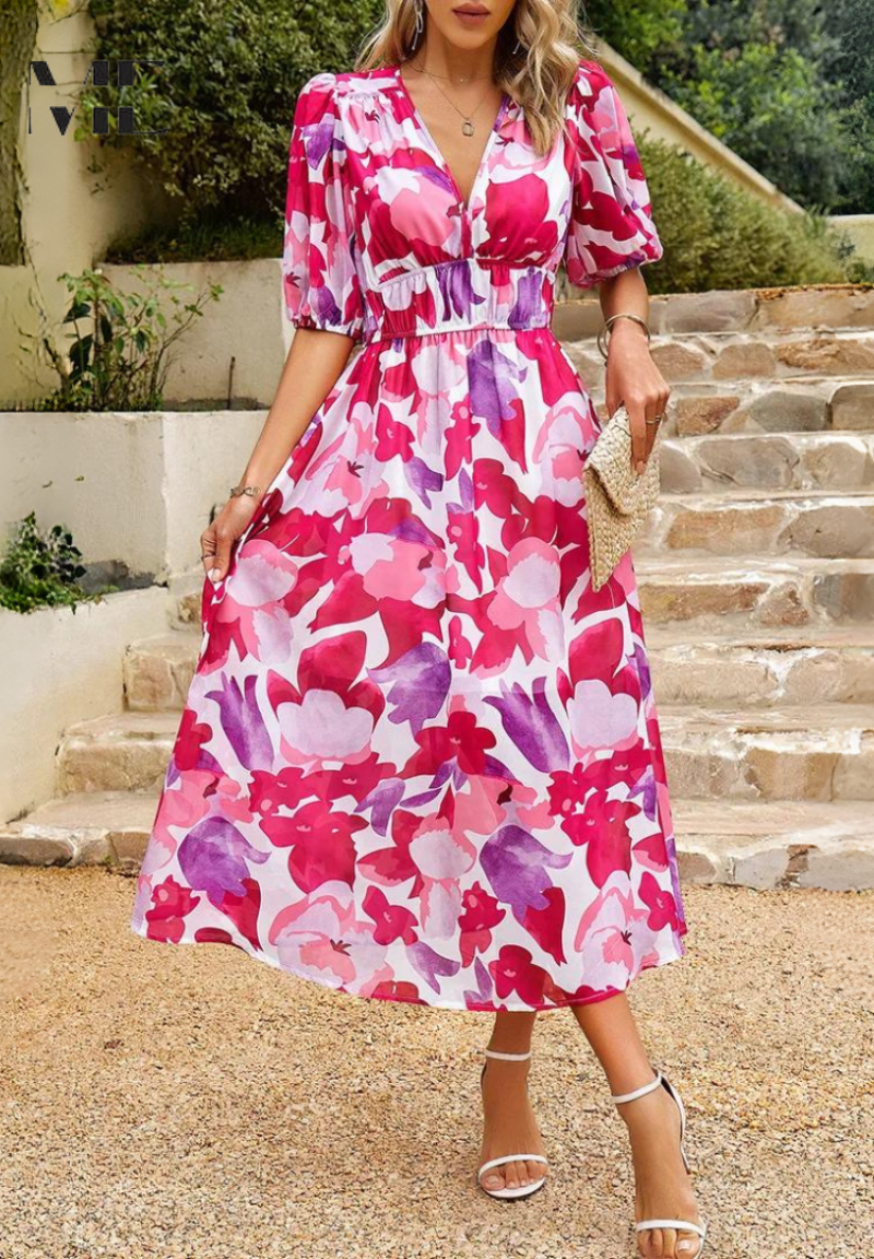 Robe longue imprimée à col en V pour femmes - Emilia Lane