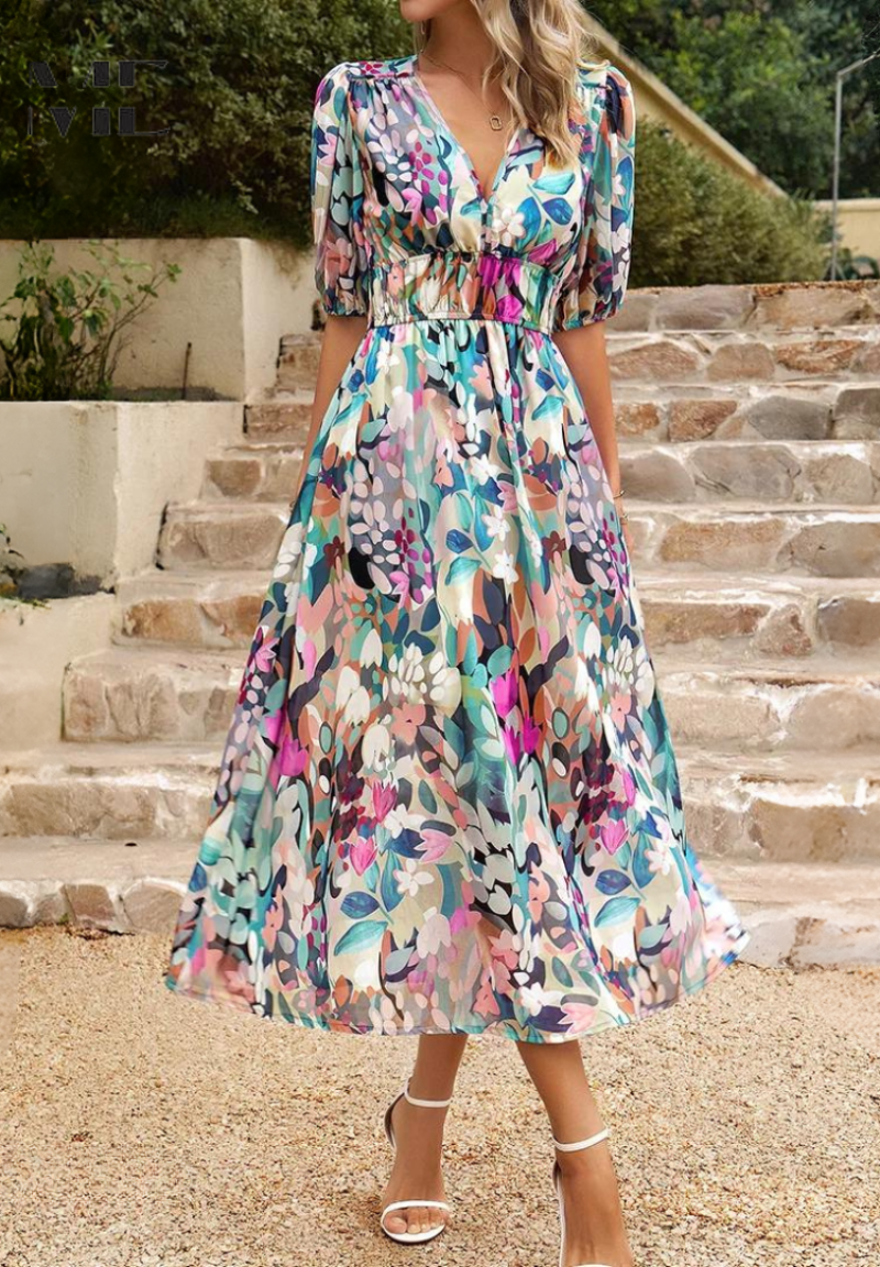 Robe longue imprimée à col en V pour femmes - Emilia Lane