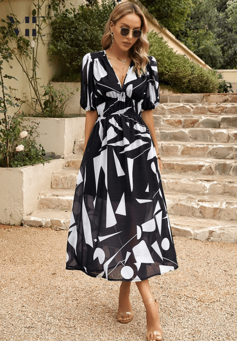 Robe longue imprimée à col en V pour femmes - Emilia Lane