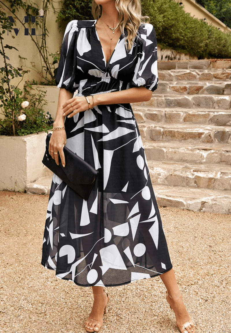 Robe longue imprimée à col en V pour femmes - Emilia Lane