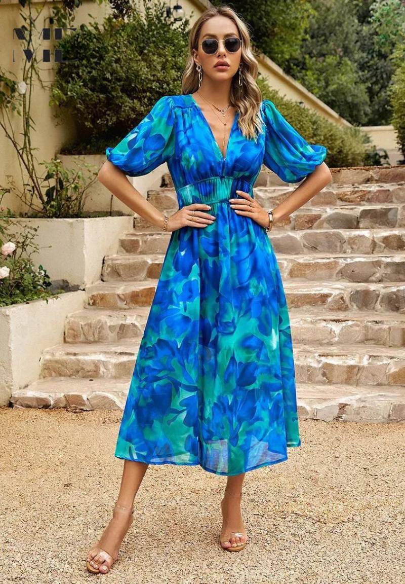 Robe longue imprimée à col en V pour femmes - Emilia Lane
