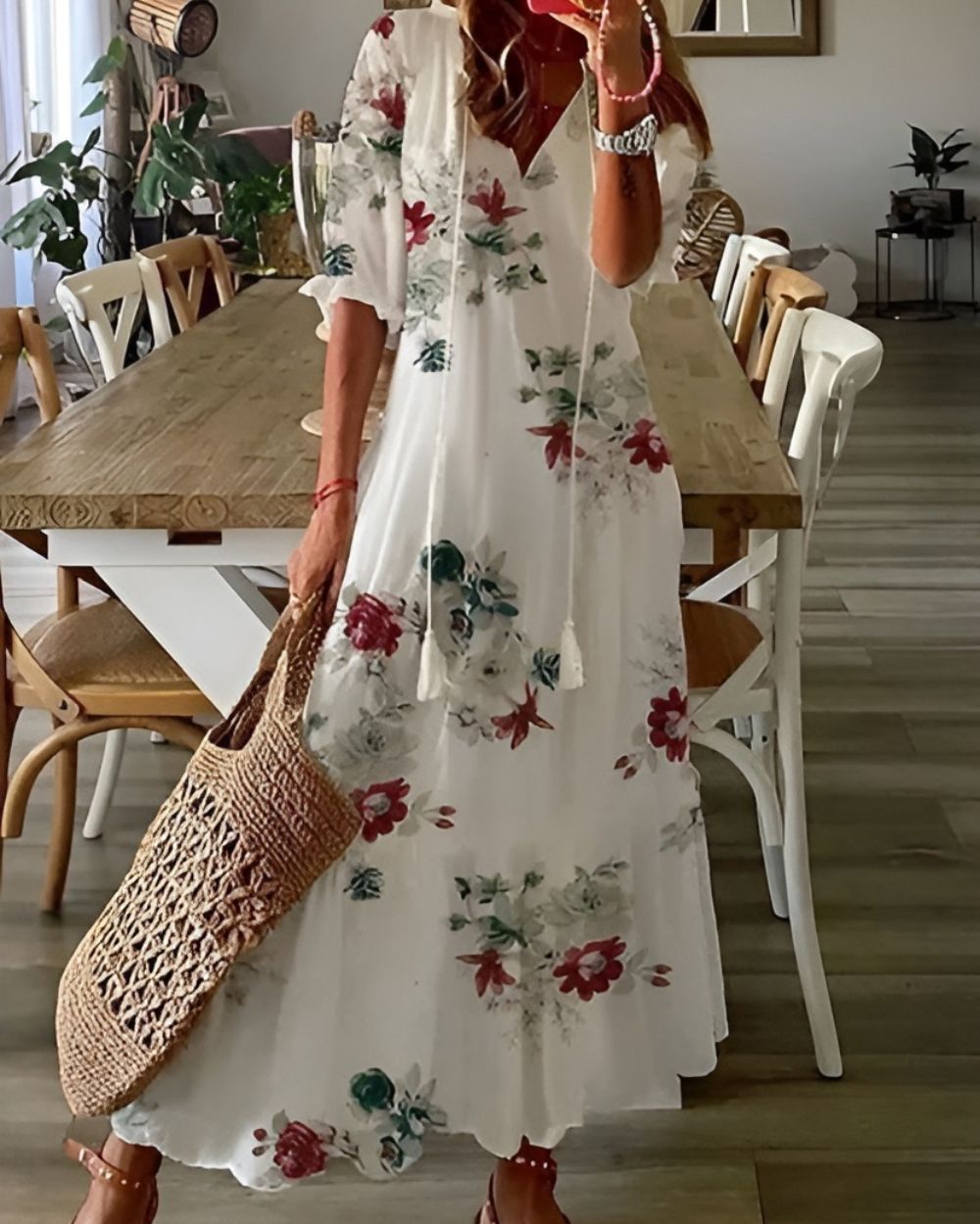 Robe longue imprimée à col en V pour femmes - Emilia Lane