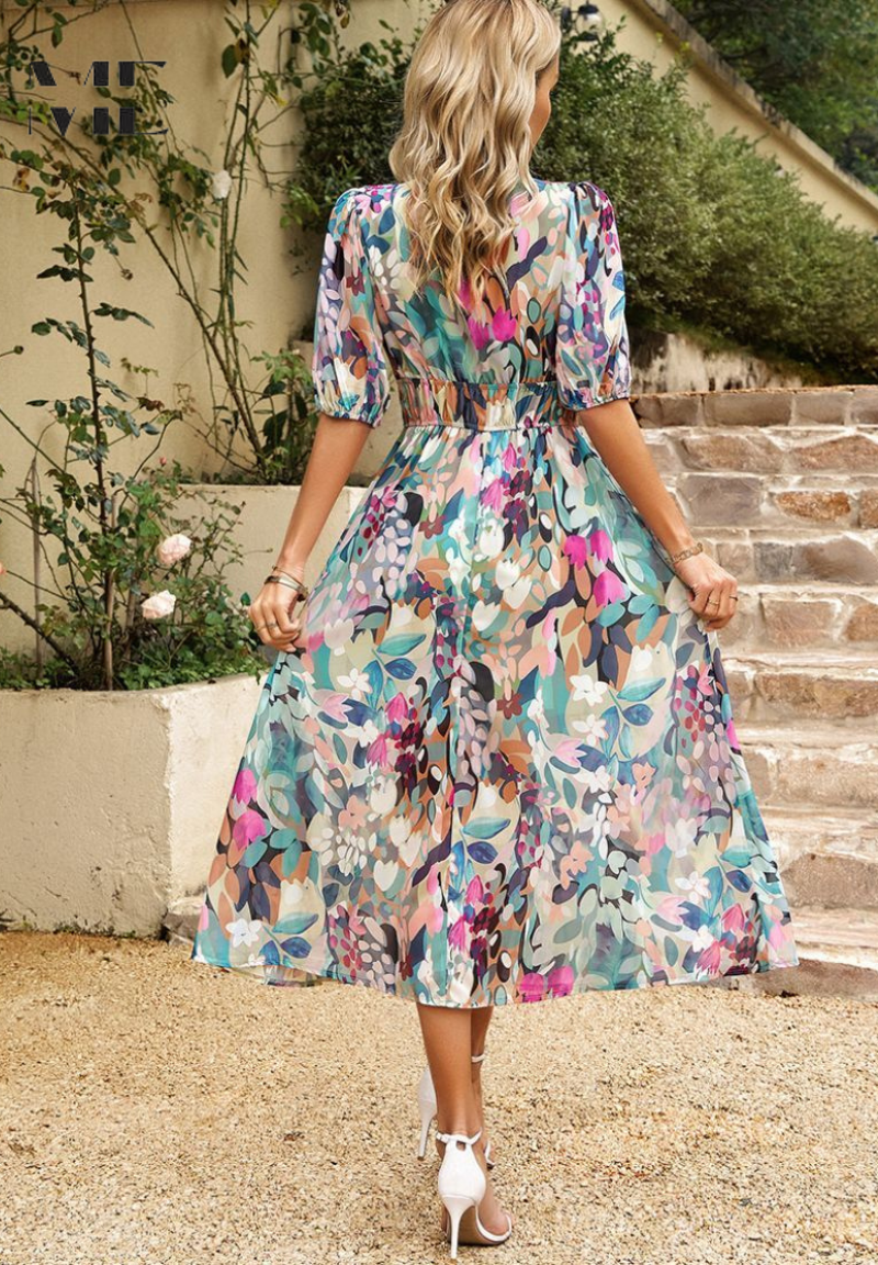 Robe longue imprimée à col en V pour femmes - Emilia Lane