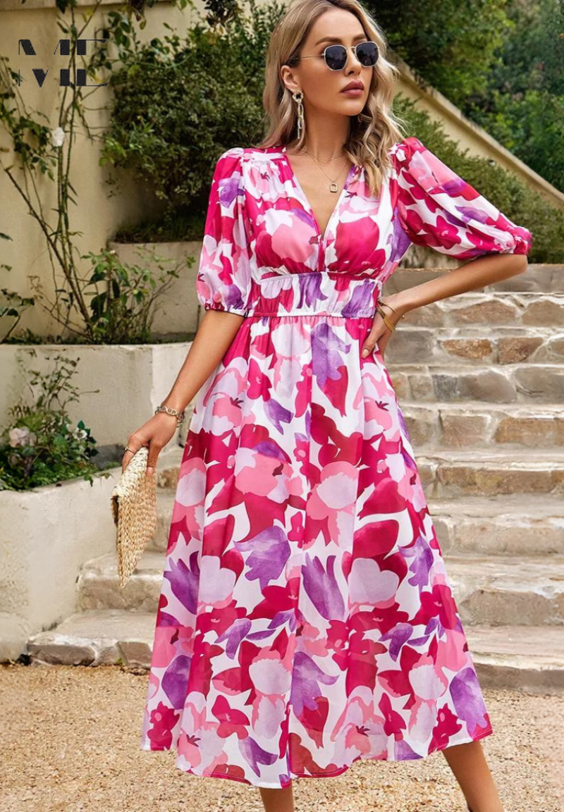 Robe longue imprimée à col en V pour femmes - Emilia Lane