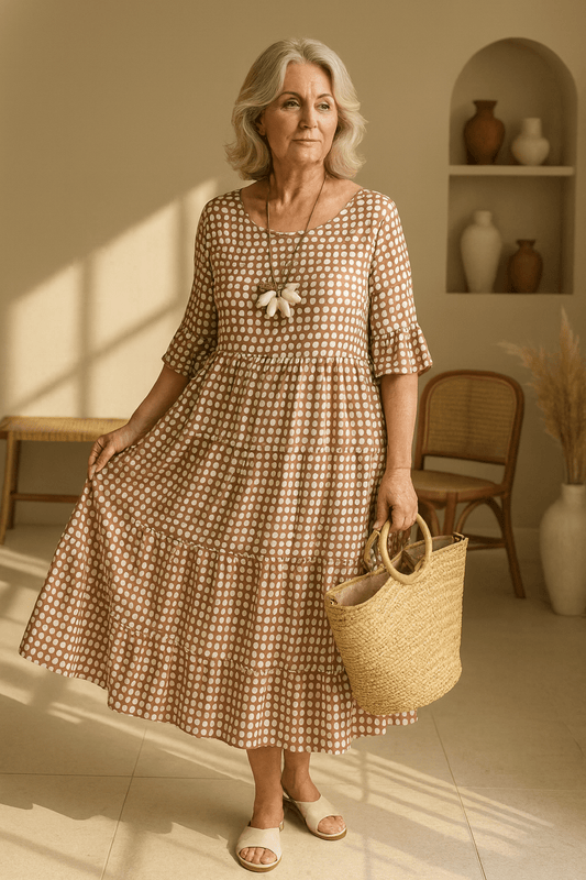 Robe Midi À Manches Évasées À Pois Beige - Emilia Lane