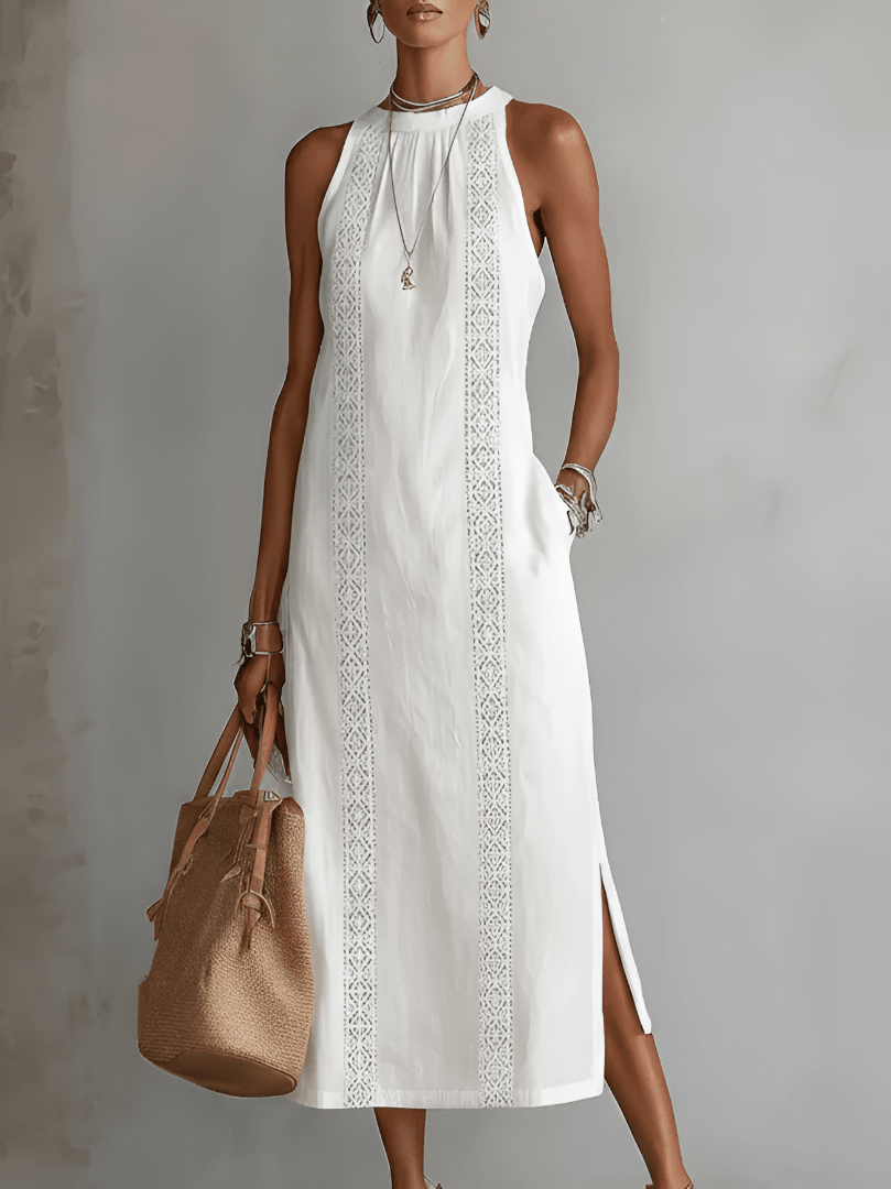 Abito midi donna con collo alla coreana in lino e cotone