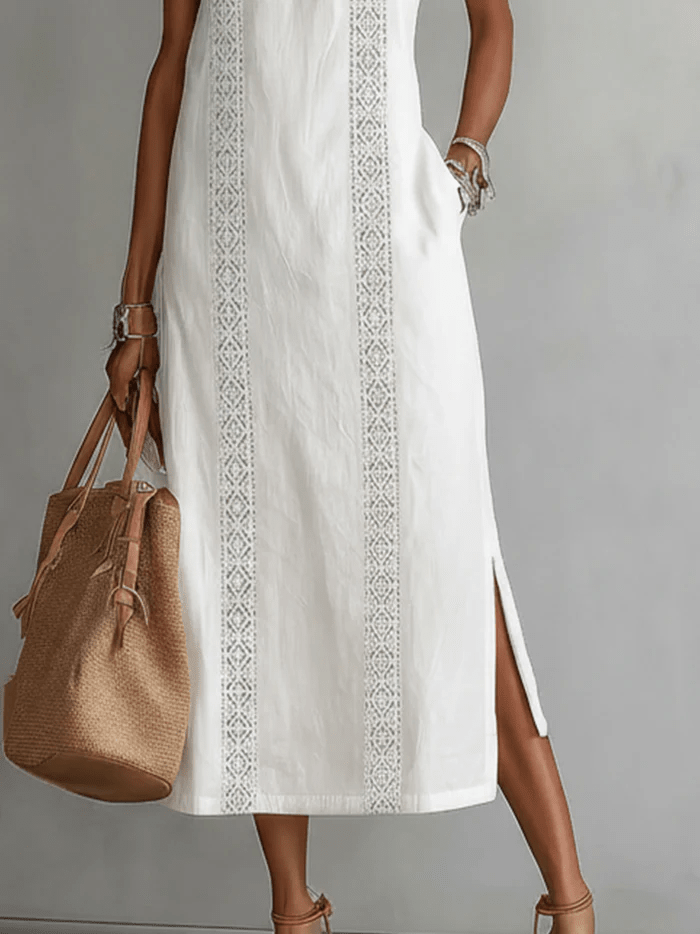 Abito midi donna con collo alla coreana in lino e cotone
