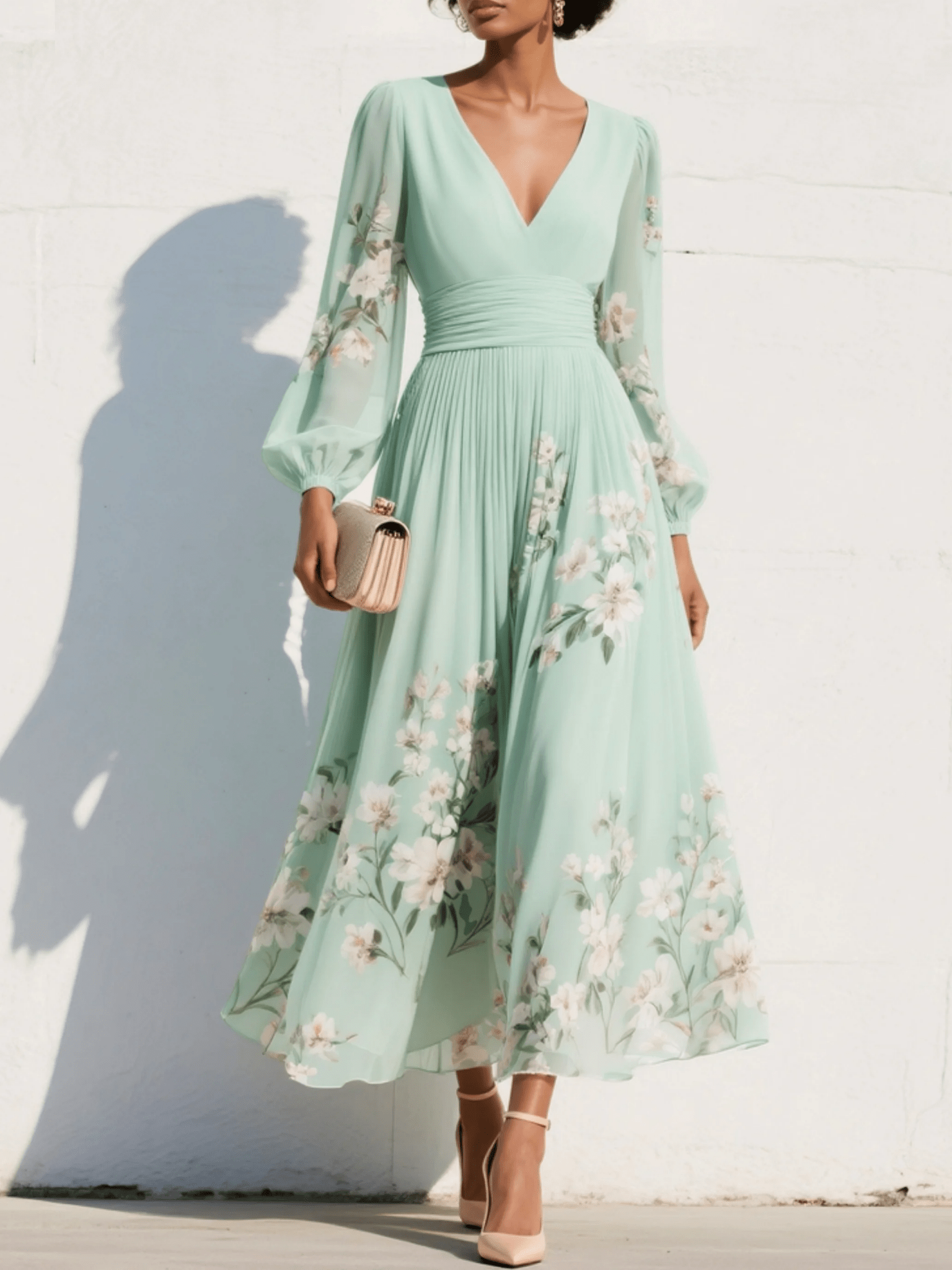 Robe Midi Plissée à Imprimé Floral et Encolure en V pour Femmes - Emilia Lane