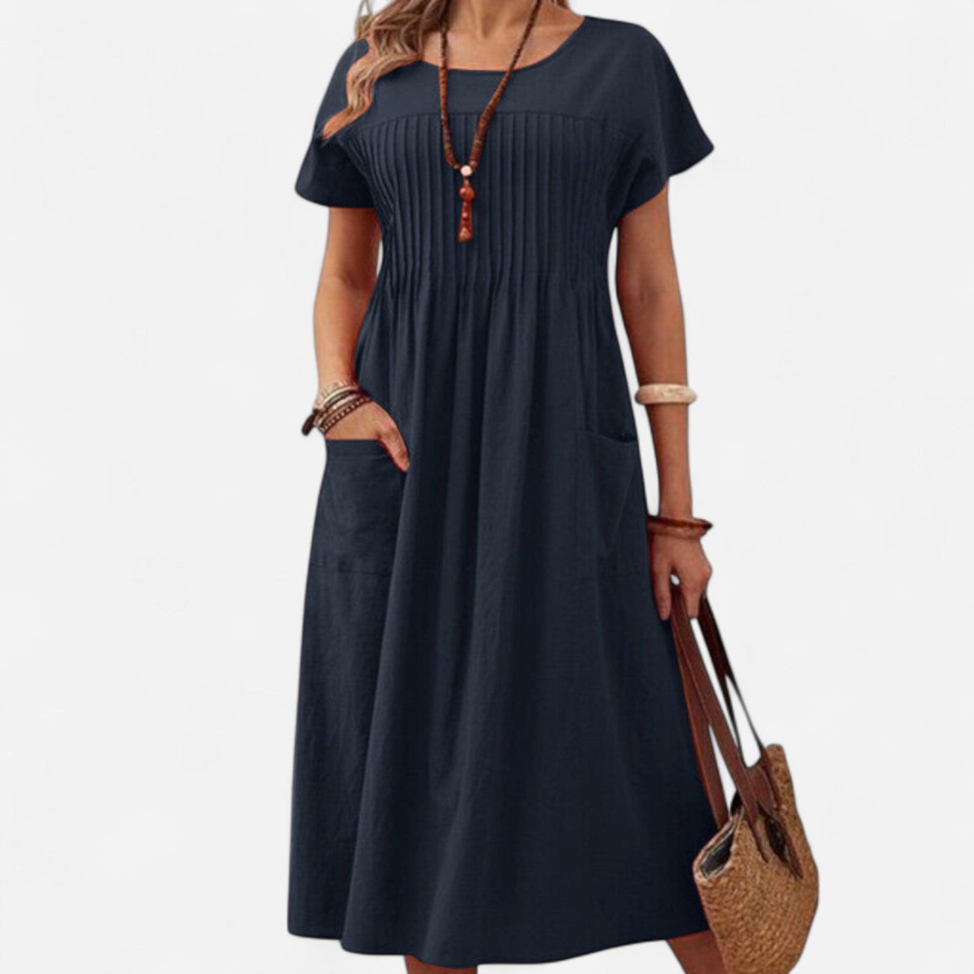 Robe plissée à col rond en coton et lin pour femmes - Emilia Lane