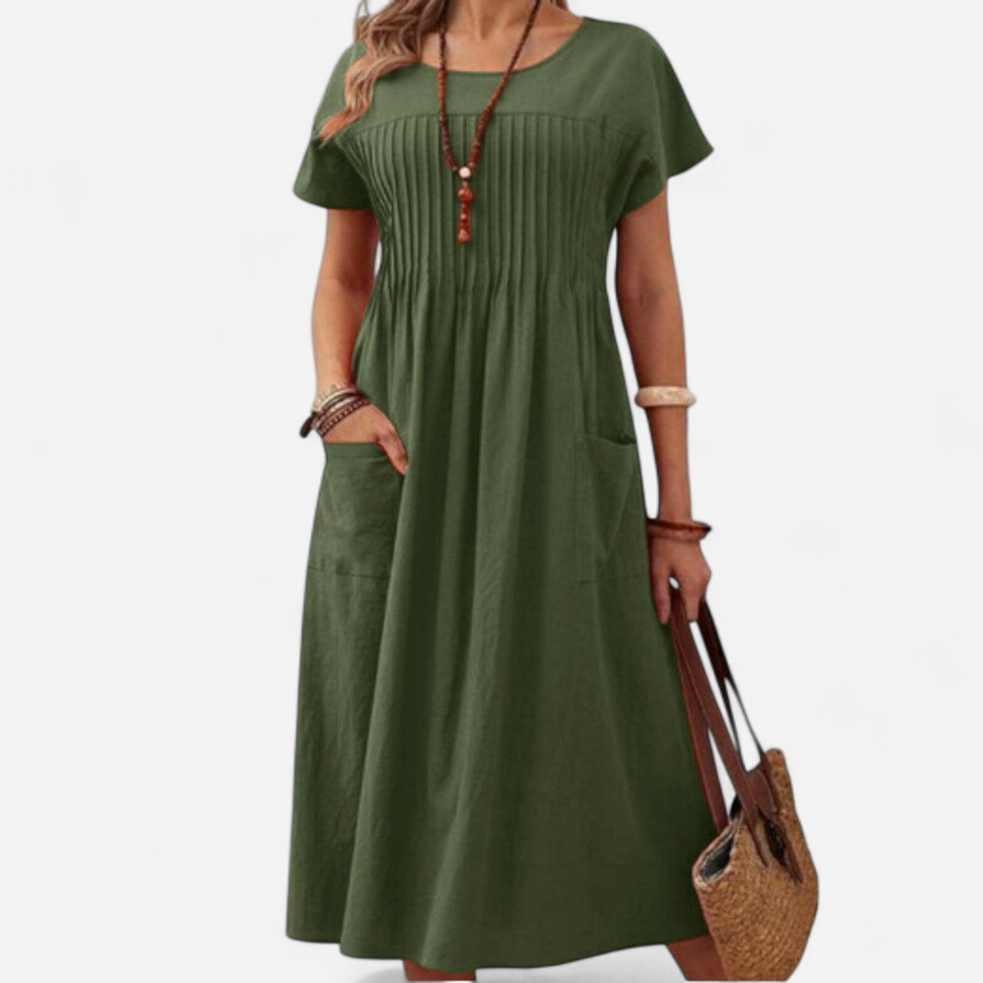 Robe plissée à col rond en coton et lin pour femmes - Emilia Lane