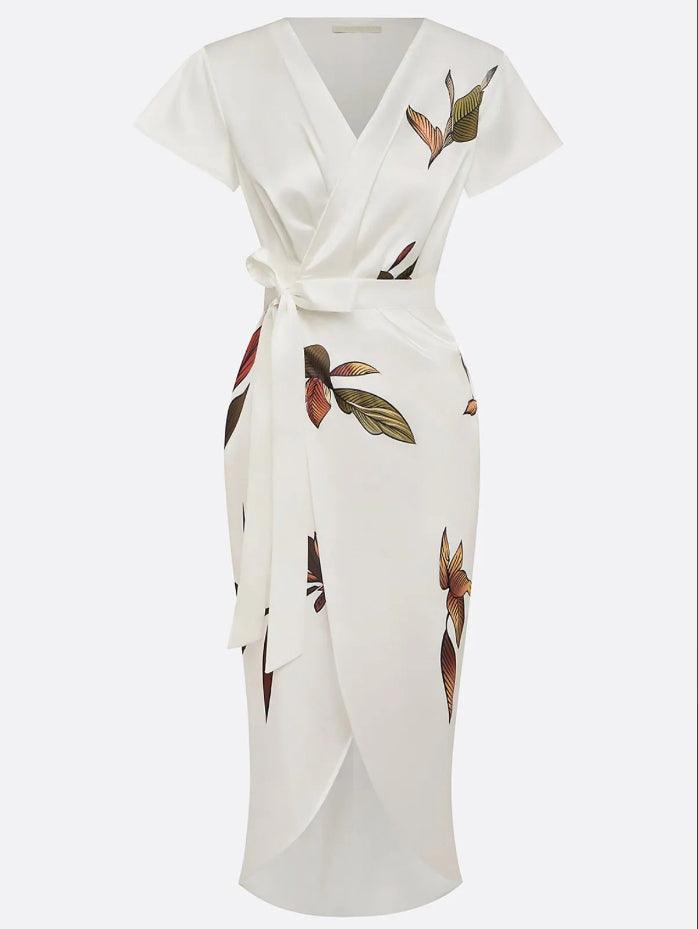 Robe portefeuille satin imprimée pour femmes - Emilia Lane