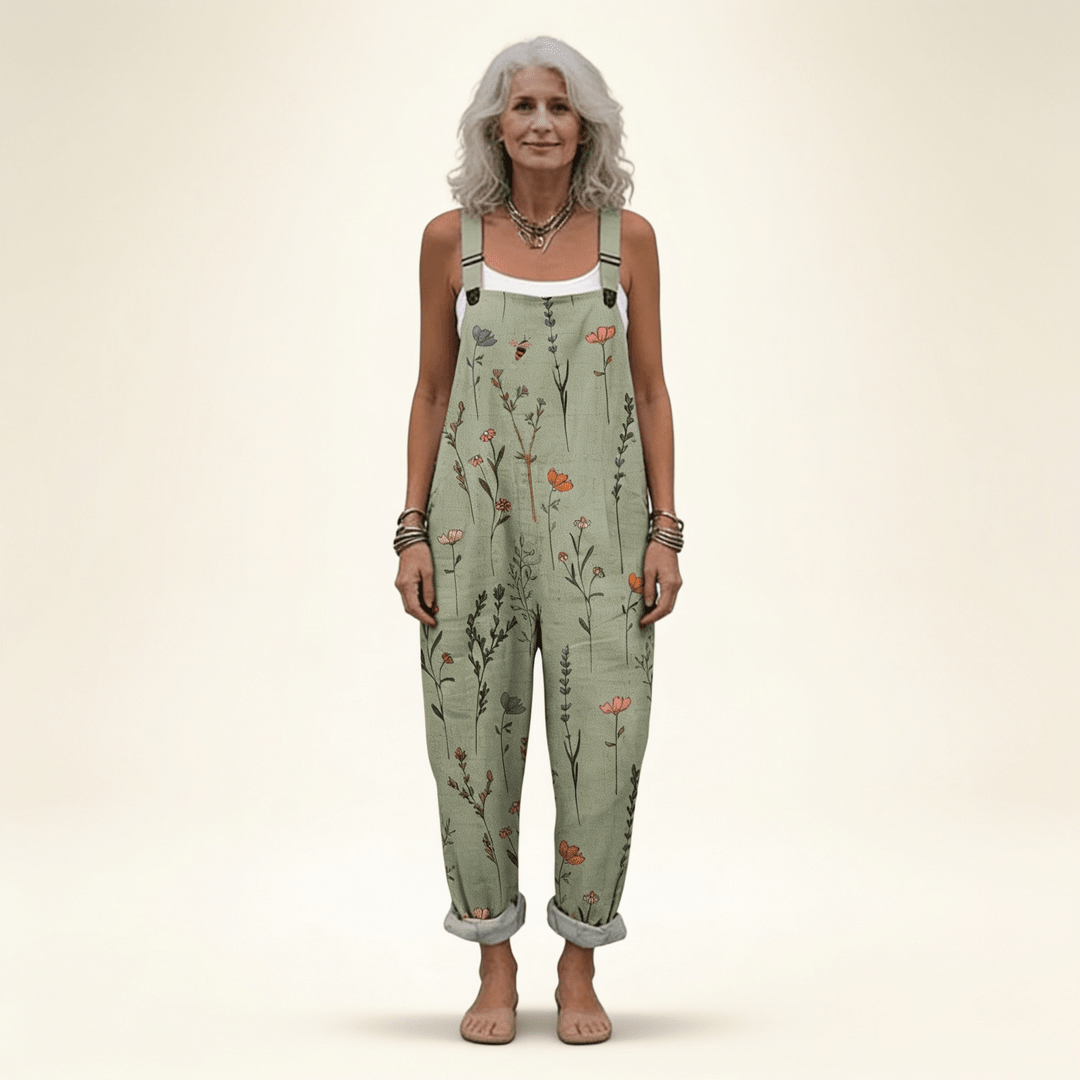 Salopette donna ampia con stampa floreale verde, bretelle regolabili e tasche