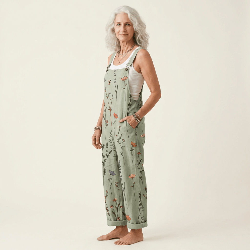 Salopette Femme Ample à Imprimé Floral Vert avec Bretelles Réglables et Poches - Emilia Lane