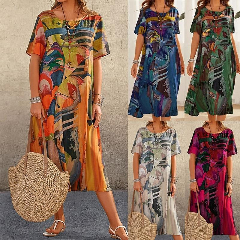 Abito lungo con stampa tropicale e maniche corte da donna