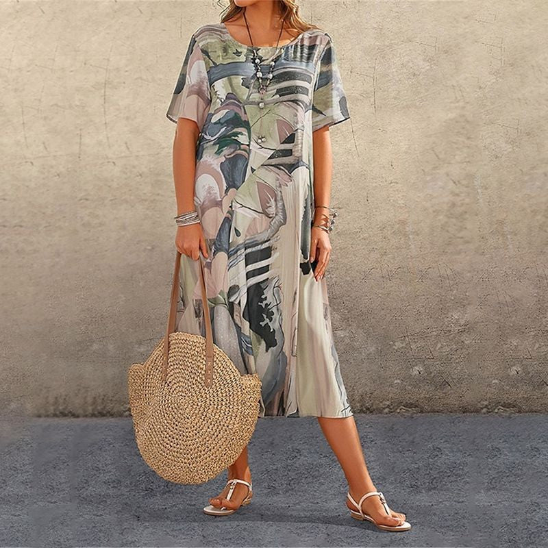 Abito lungo con stampa tropicale e maniche corte da donna