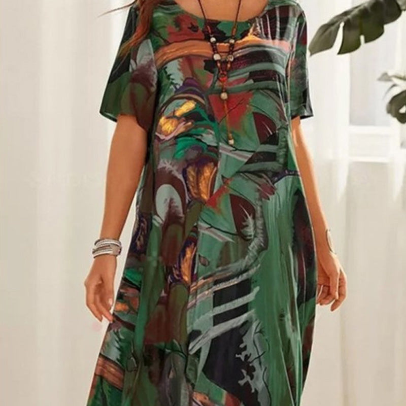 Abito lungo con stampa tropicale e maniche corte da donna