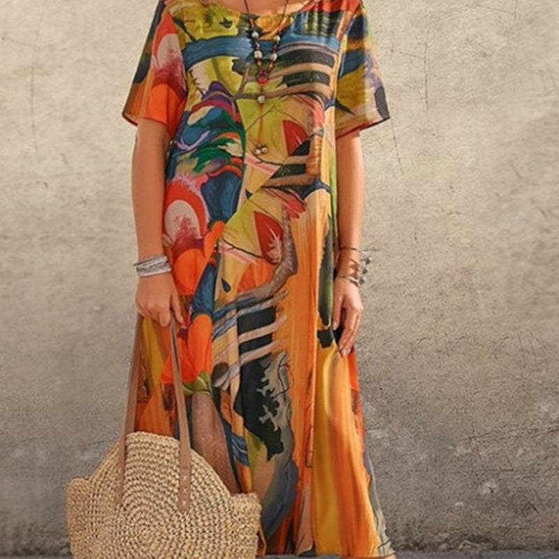 Abito lungo con stampa tropicale e maniche corte da donna